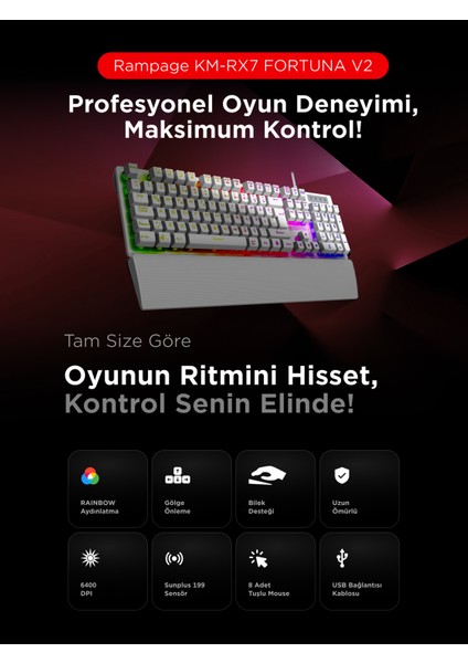 Km-Rx7 Fortuna V2 Gökkuşağı Aydınlatmalı USB Beyaz Gaming Combo Q Gaming Klavye + 12800 Dpi Mouse fiyatları