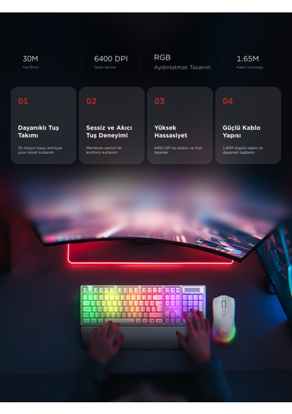 Km-Rx7 Fortuna V2 Gökkuşağı Aydınlatmalı USB Beyaz Gaming Combo Q Gaming Klavye + 12800 Dpi Mouse indirimleri