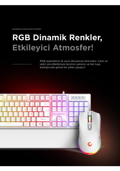 Km-Rx7 Fortuna V2 Gökkuşağı Aydınlatmalı USB Beyaz Gaming Combo Q Gaming Klavye + 12800 Dpi Mouse