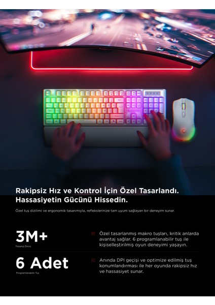 Km-Rx7 Fortuna V2 Gökkuşağı Aydınlatmalı USB Beyaz Gaming Combo Q Gaming Klavye + 12800 Dpi Mouse