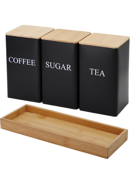 3pcs Set Çay Kahve Şeker Kutusu Tepsi Demir Çay ve Bambu Kapaklı Kahve Kavanozları Kahve Şeker Çay Konteynerleri A (Yurt Dışından)