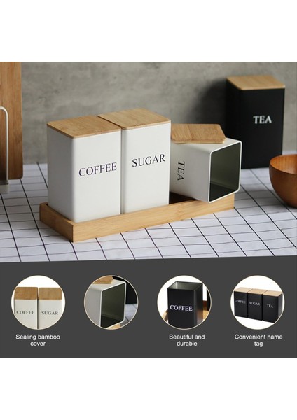 3pcs Set Çay Kahve Şeker Kutusu Tepsi Demir Çay ve Bambu Kapaklı Kahve Kavanozları Kahve Şeker Çay Konteynerleri A (Yurt Dışından) fırsatları