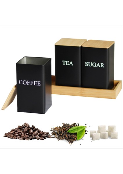 3pcs Set Çay Kahve Şeker Kutusu Tepsi Demir Çay ve Bambu Kapaklı Kahve Kavanozları Kahve Şeker Çay Konteynerleri A (Yurt Dışından) indirimleri