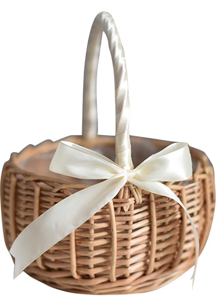 Hasır Dokuma Çiçek Sepeti Sap ve Beyaz Kurdele Düğün Çiçek Kız Sepetleri Ev Bahçesi Dekorasyonu (L) (Yurt Dışından)