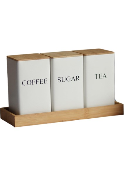 3pcs Set Çay Kahve Şeker Kutusu Tepsi ile Set Demir Çay ve Bambu Kapaklı Kahve Kavanozları Kahve Şeker Çay Konteynerleri B B (Yurt Dışından)