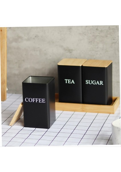 3pcs Set Çay Kahve Şeker Kutusu Tepsi ile Set Demir Çay ve Bambu Kapaklı Kahve Kavanozları Kahve Şeker Çay Konteynerleri B B (Yurt Dışından) modelleri