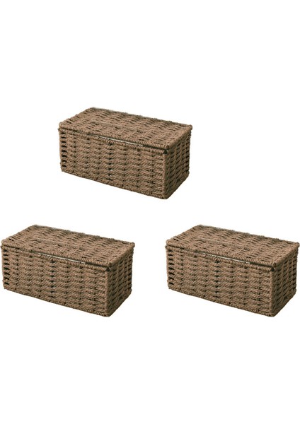 3x Rattan Doku Kutusu Vintage Peçete Tutucu Kasa Dağınık Depolama Konteyneri Kapağı Oturma Odası Masası Dekorasyonu (Kahve) (Yurt Dışından)