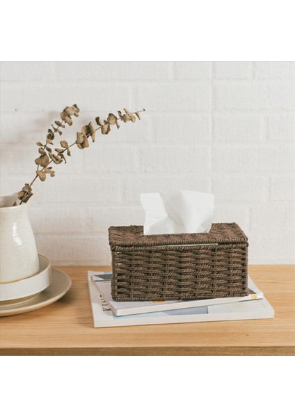 3x Rattan Doku Kutusu Vintage Peçete Tutucu Kasa Dağınık Depolama Konteyneri Kapağı Oturma Odası Masası Dekorasyonu (Kahve) (Yurt Dışından) modelleri