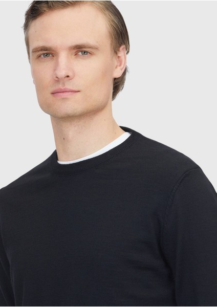 Siyah Bisiklet Yaka Düz Örgü Yün Karışımlı Triko Kazak modelleri