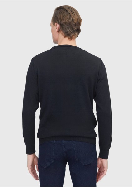 Siyah Bisiklet Yaka Düz Örgü Yün Karışımlı Triko Kazak indirimleri