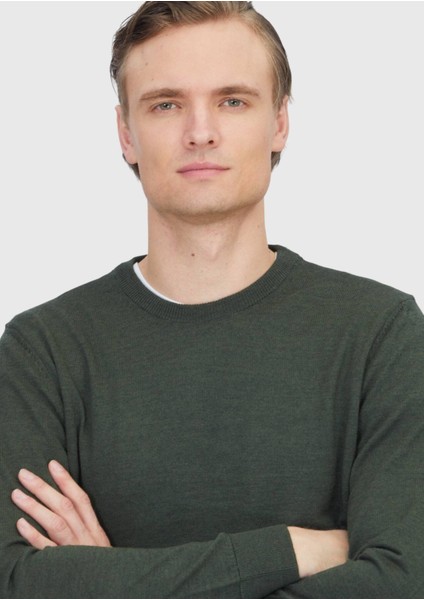 Haki Bisiklet Yaka Düz Örgü Yün Karışımlı Triko Kazak modelleri