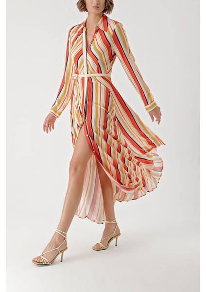 Çizgili Çizgili godeli gömlek elbise 94324