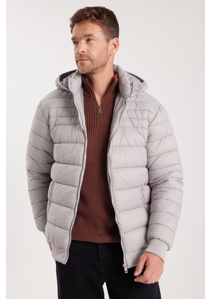 Erkek Relax Fit Rahat Kesim Çift Cepli Kapüşonlu Içi Kürklü Gri Mont