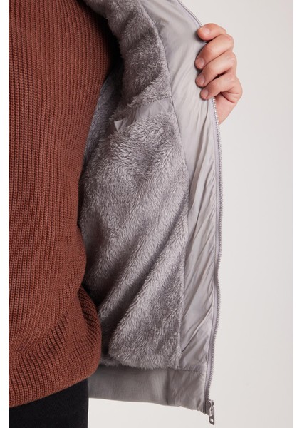 Erkek Relax Fit Rahat Kesim Çift Cepli Kapüşonlu Içi Kürklü Gri Mont modelleri