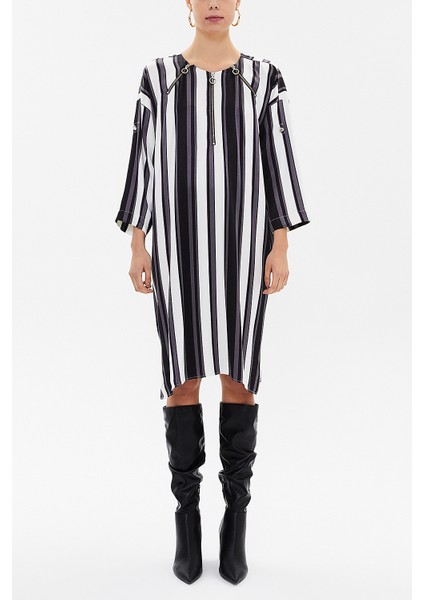 Çizgili Fermuar detaylı desenli midi elbise 92294