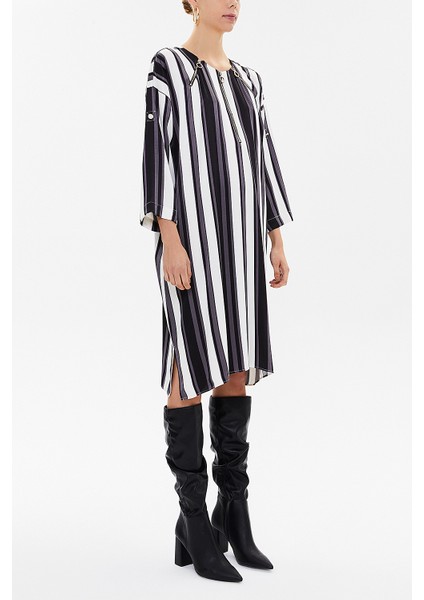 Çizgili Fermuar detaylı desenli midi elbise 92294 indirimleri