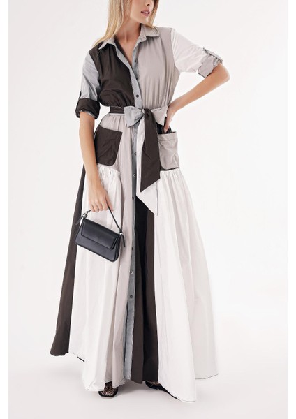 Karışık Renkler Kontrast kumaş kombinli büzgülü gömlek elbise 94494