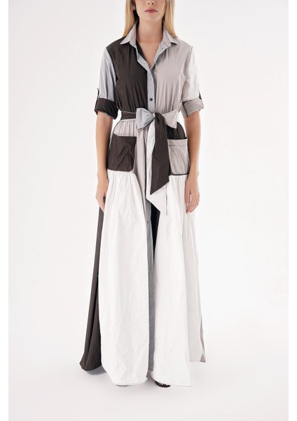 Karışık Renkler Kontrast kumaş kombinli büzgülü gömlek elbise 94494 fiyatları