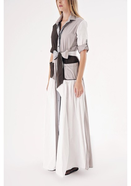 Karışık Renkler Kontrast kumaş kombinli büzgülü gömlek elbise 94494 modelleri