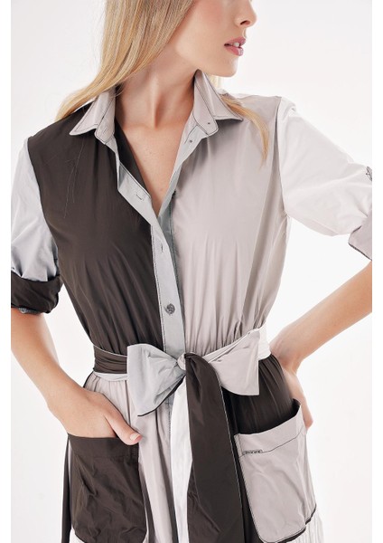 Karışık Renkler Kontrast kumaş kombinli büzgülü gömlek elbise 94494 indirimleri