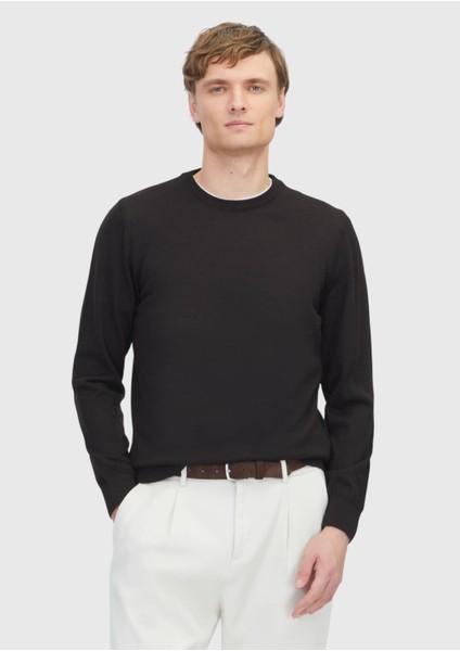 Koyu Kahve Bisiklet Yaka Düz Örgü Yün Karışımlı Triko Kazak