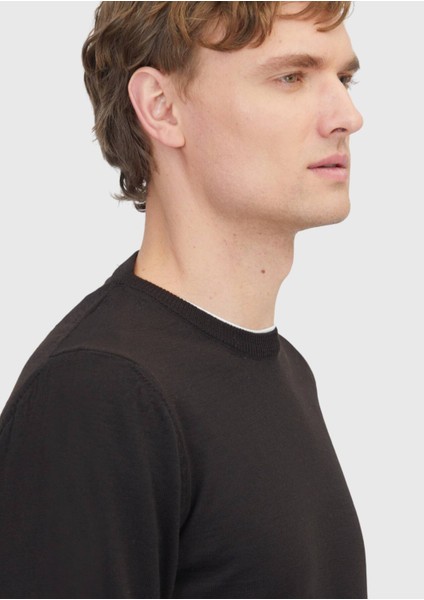 Koyu Kahve Bisiklet Yaka Düz Örgü Yün Karışımlı Triko Kazak modelleri