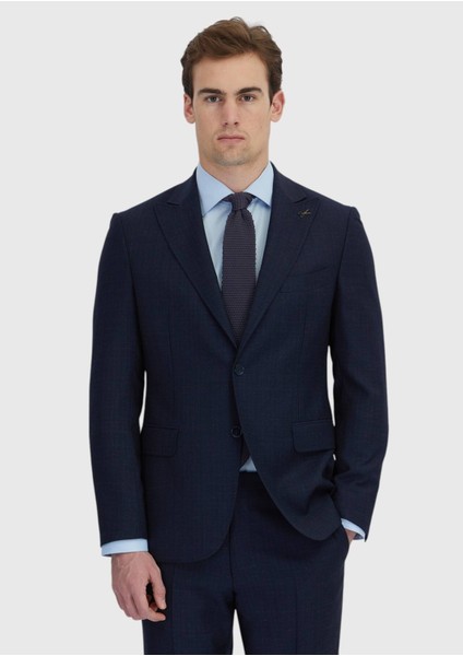 Lacivert Desenli Zeroweight Slim Fit %100 Yün Takım Elbise