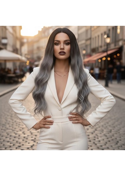 Fiber Sentetik Uzun Su Dalgası Peruk - Siyah Gri Ombreli