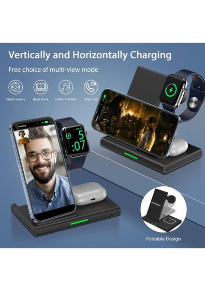 3-1 Arada 20W Hızlı Şarj Destekli Kablosuz Wireless Şarj Stand LED Işıklı Iphone, Apple Watch, Airpods Destekli
