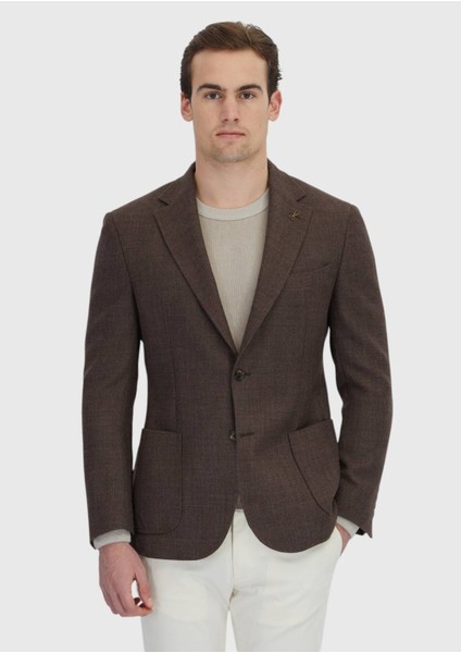 Kahverengi Desenli Zeroweight Slim Fit %100 Yün Ceket