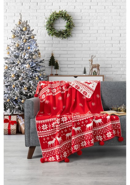 Kar Tanesi Detaylı Ponponlu Triko Örme Tv Battaniyesi–Yılbaşı Hediyesi-130x170 cm-Kırmızı