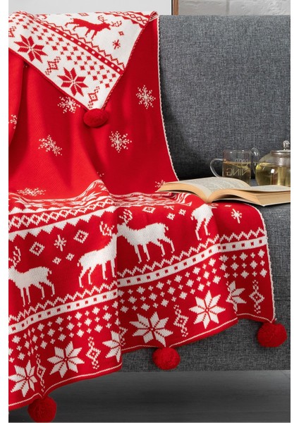 Kar Tanesi Detaylı Ponponlu Triko Örme Tv Battaniyesi–Yılbaşı Hediyesi-130x170 cm-Kırmızı fiyatları