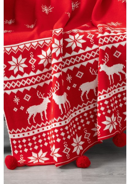 Kar Tanesi Detaylı Ponponlu Triko Örme Tv Battaniyesi–Yılbaşı Hediyesi-130x170 cm-Kırmızı modelleri