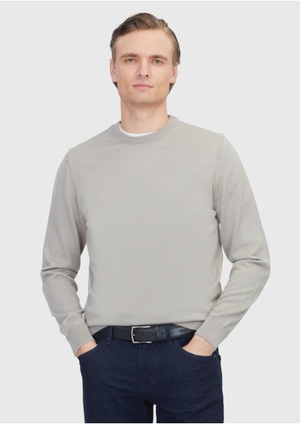 Bej Bisiklet Yaka Düz Örgü Yün Karışımlı Triko Kazak