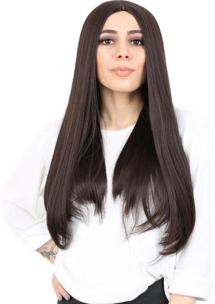 Fiber Sentetik Uzun Düz Peruk - Koyu Kahve