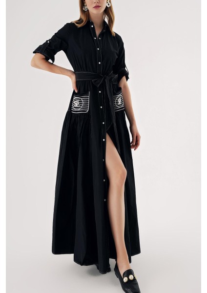 Siyah Beyaz dikiş detaylı cep nakışlı uzun gömlek elbise 94524