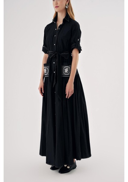 Siyah Beyaz dikiş detaylı cep nakışlı uzun gömlek elbise 94524 modelleri