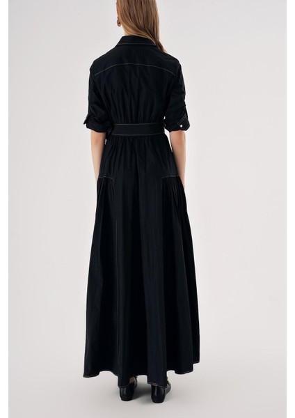 Siyah Beyaz dikiş detaylı cep nakışlı uzun gömlek elbise 94524 fırsatları