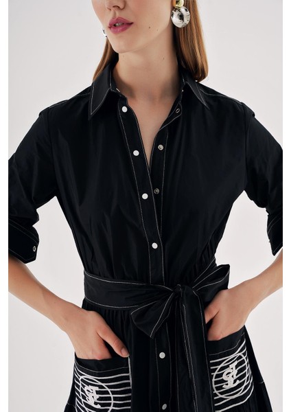 Siyah Beyaz dikiş detaylı cep nakışlı uzun gömlek elbise 94524 indirimleri