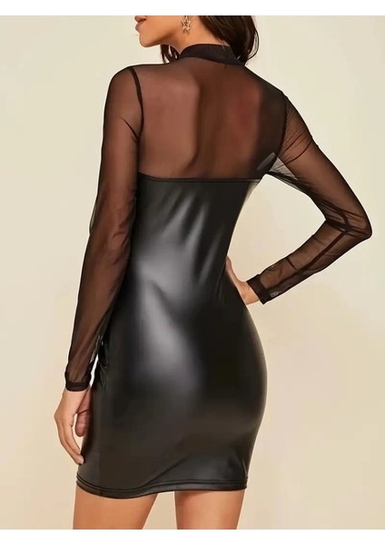 Kadın Uzun Kollu Balıkçı Yaka Tül Detaylı Mini Deri Elbise modelleri