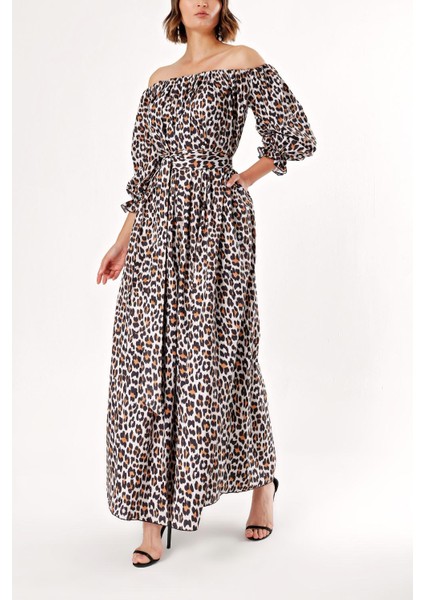 Leopar Düşük Omuz Bol Kesim Elbise 92635