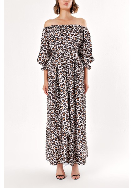 Leopar Düşük Omuz Bol Kesim Elbise 92635 fiyatları