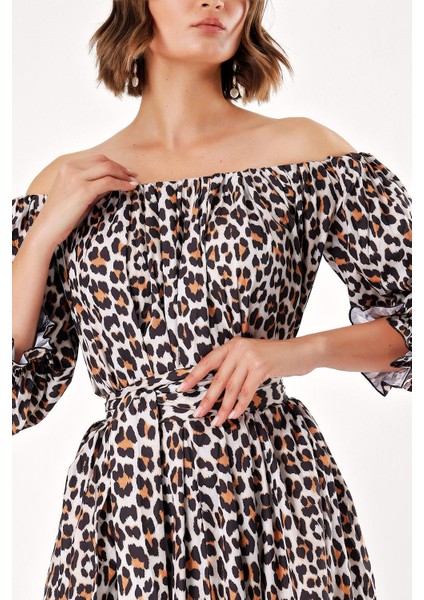 Leopar Düşük Omuz Bol Kesim Elbise 92635 indirimleri