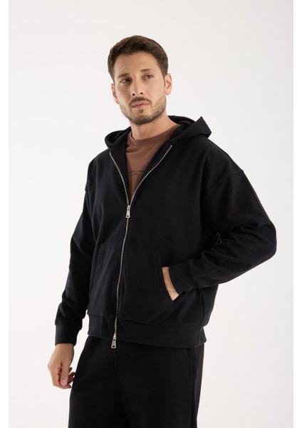 %100 Pamuk Kapüşonlu Fermuarlı Erkek Sweatshirt