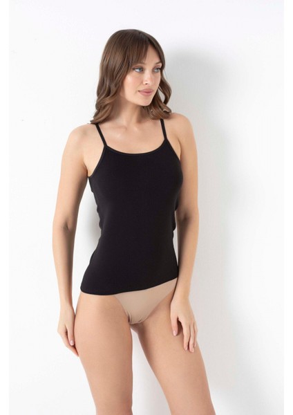 Likralı Pamuklu Ip Askılı Siyah Atlet