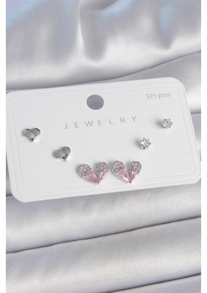 Pirinç Gümüş Renk Pembe Zirkon Taşlı Kalp Model 925 Ayar Gümüş Çivi Kadın Küpe Seti - BKP10493 (802802)