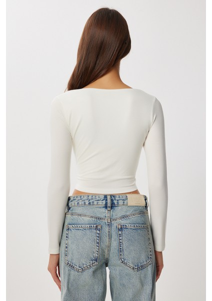 Büzgülü Crop Örme Bluz LUB0267 Kemik fırsatları