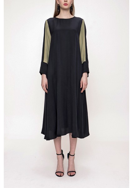 Haki Siyah Kontrast detaylı midi elbise 93721