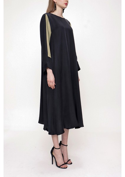 Haki Siyah Kontrast detaylı midi elbise 93721 fiyatları