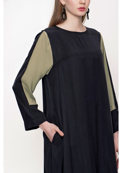 Haki Siyah Kontrast detaylı midi elbise 93721 modelleri